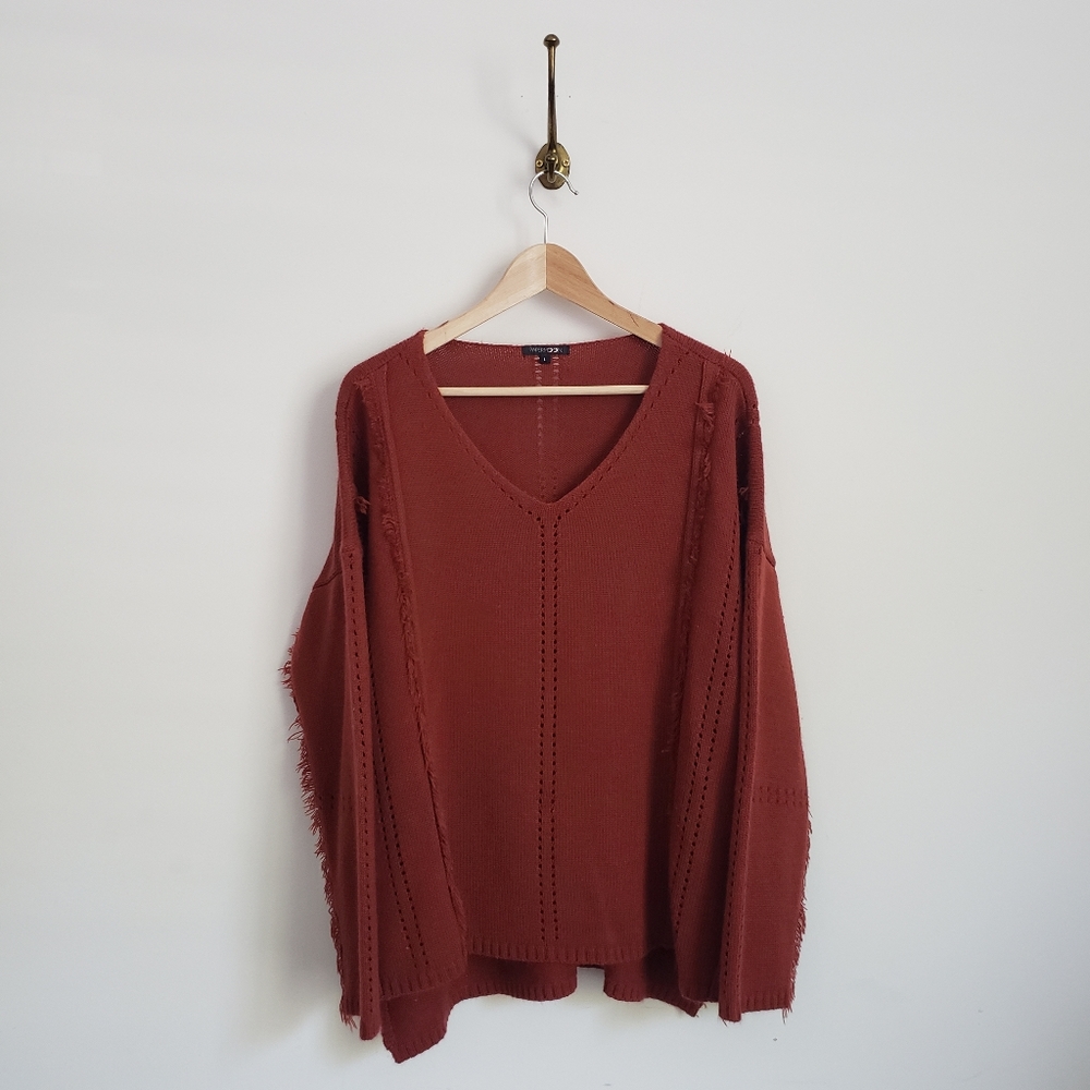 Bohemian burnt orange fringe V-neck sweater - L